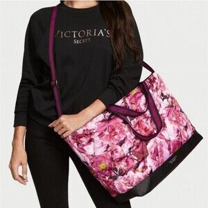 Victoria's Secret Weekender Tote Bag Pink Floral Crossbody Shoulder Straps